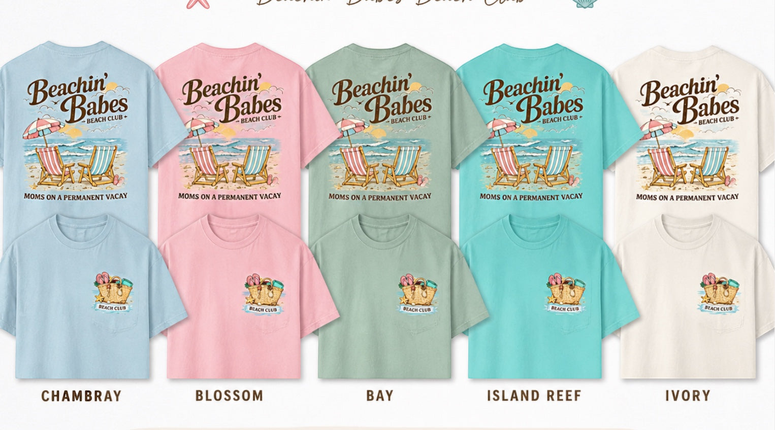 Press Society Beachin' Babe Tshirt in chambray, blossom, bay, island reef, and ivory with beach graphic.