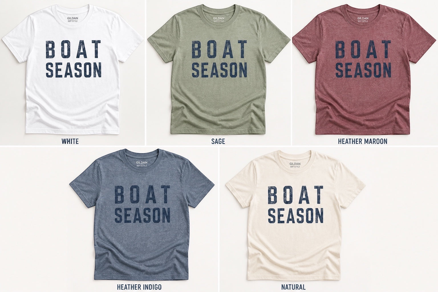 Press Society vintage-inspired graphic tee with "BOAT SEASON" text in navy blue, available in white, sage, heather maroon, heather indigo, and natural.