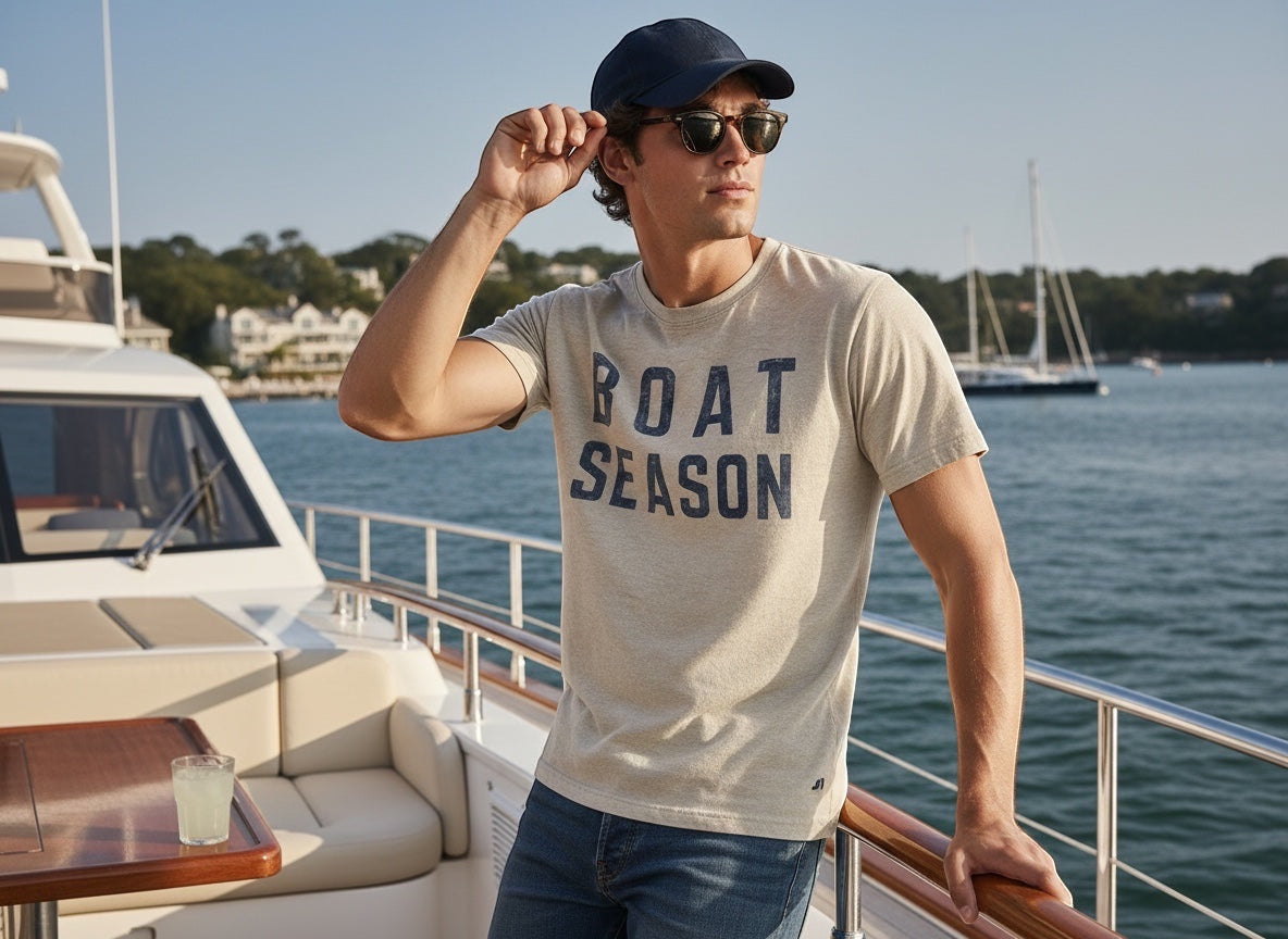 Press Society men's light heather grey cotton t-shirt with navy blue "BOAT SEASON" graphic print, short sleeves, crew neck, worn by a man on a boat.