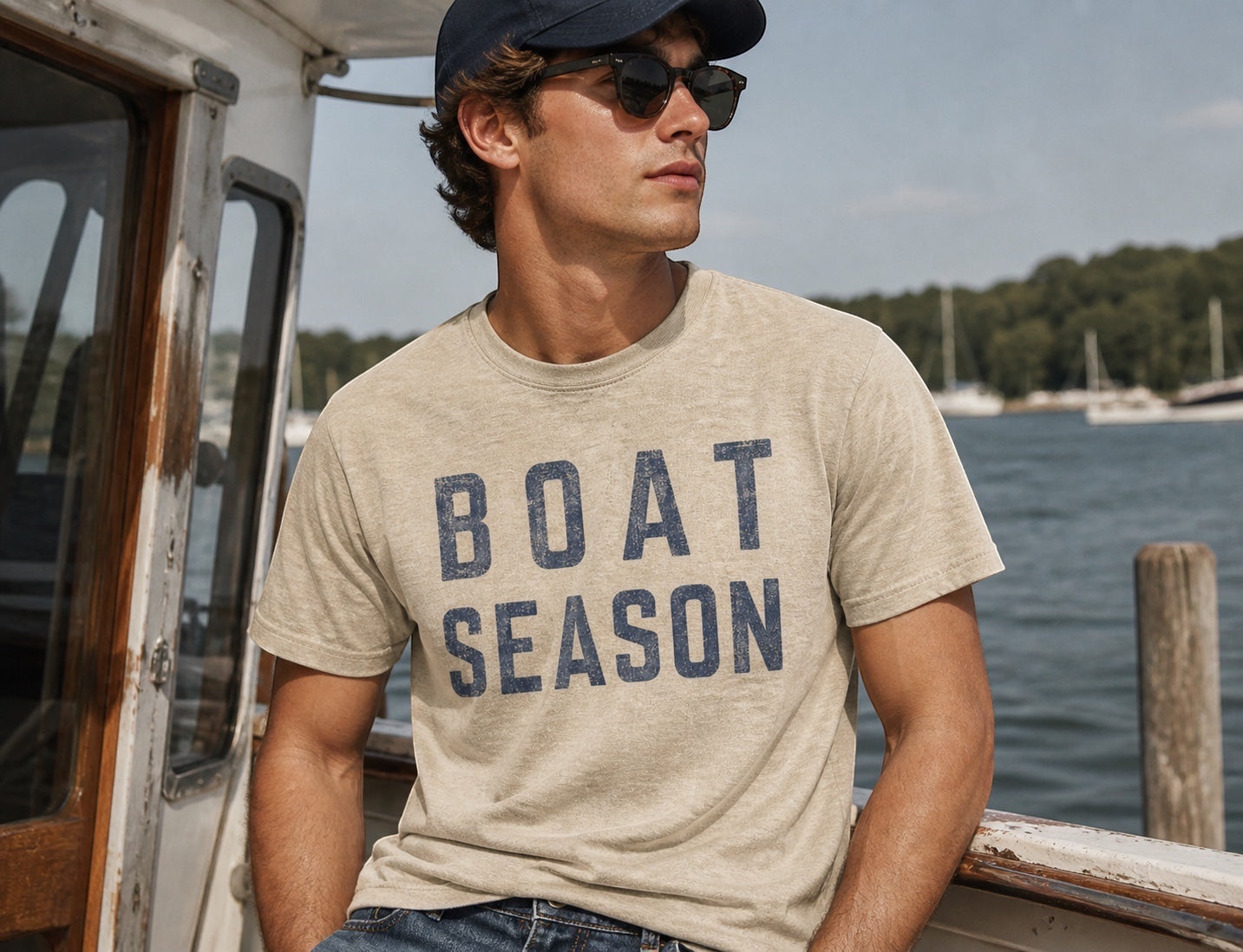 Press Society men's light tan crew neck t-shirt with navy blue distressed
