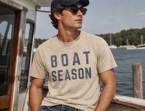 Press Society men's light tan crew neck t-shirt with navy blue distressed