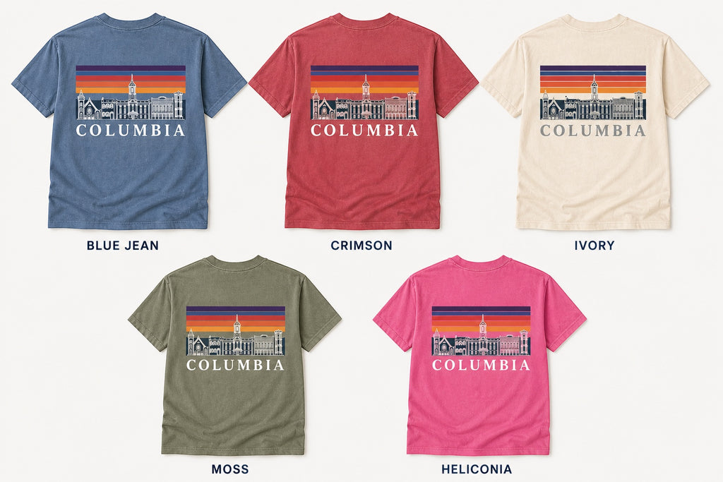 Press Society blue jean t-shirt with a graphic print of the Columbia skyline and colorful sunset stripes.