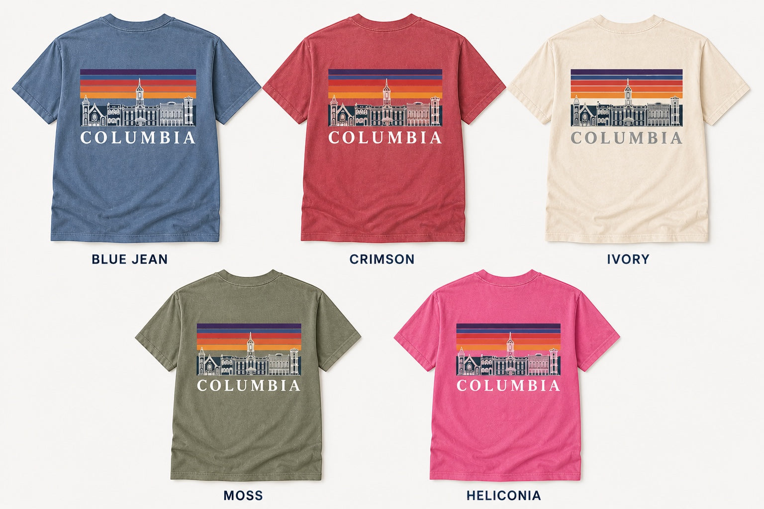 Press Society blue jean t-shirt with a graphic print of the Columbia skyline and colorful sunset stripes.
