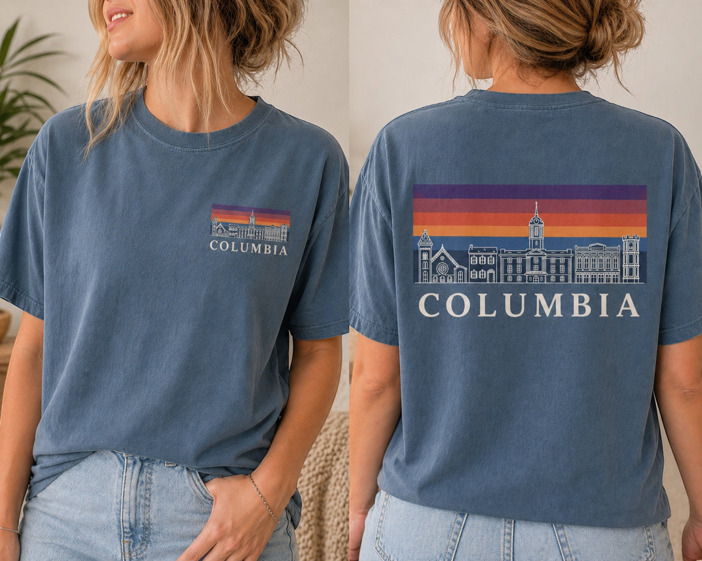 Press Society blue cotton t-shirt with Columbia skyline graphic on back and pocket print on front.