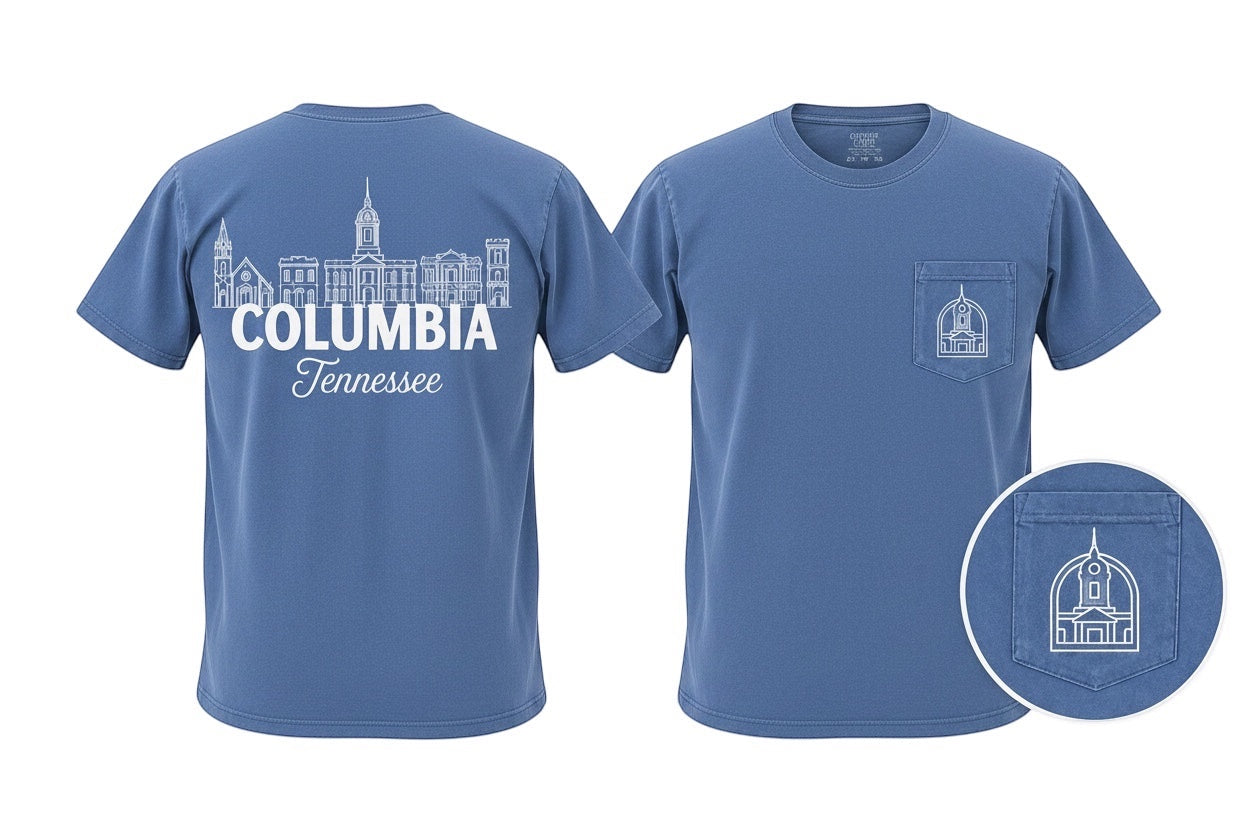 Press Society blue cotton pocket t-shirt with Columbia Tennessee skyline graphic on back and pocket detail.