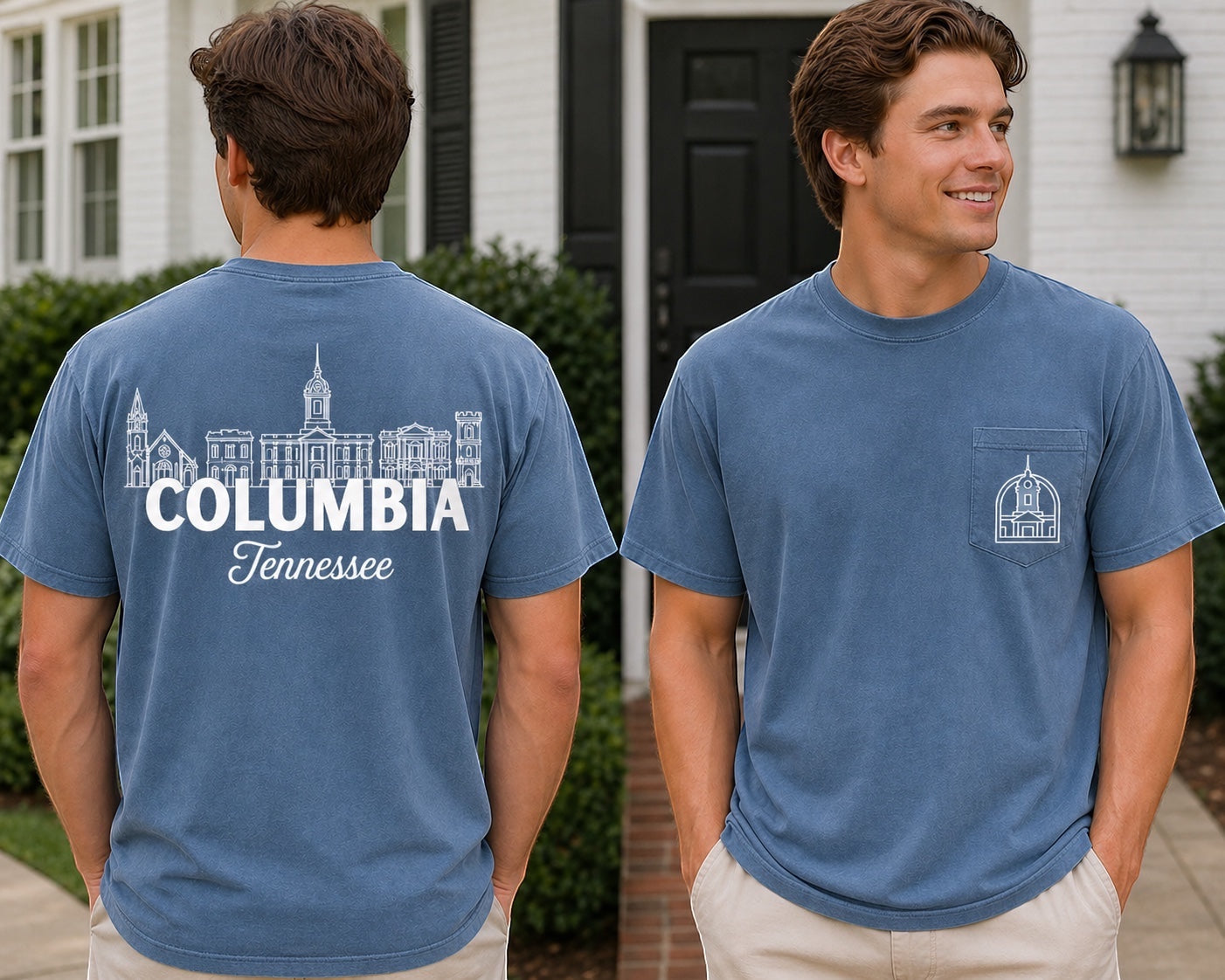 Press Society blue cotton pocket t-shirt with Columbia Tennessee skyline graphic on back and pocket detail on front.