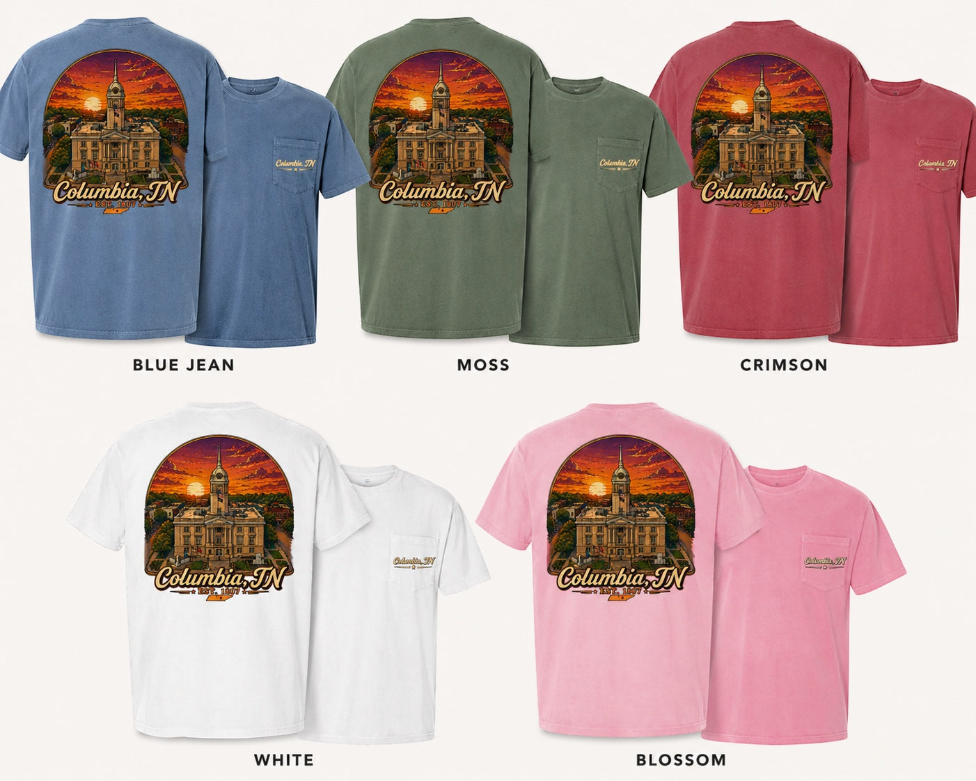 Press Society Columbia TN graphic t-shirt in blue jean, moss, crimson, white, or blossom pink cotton with a sunset courthouse design.