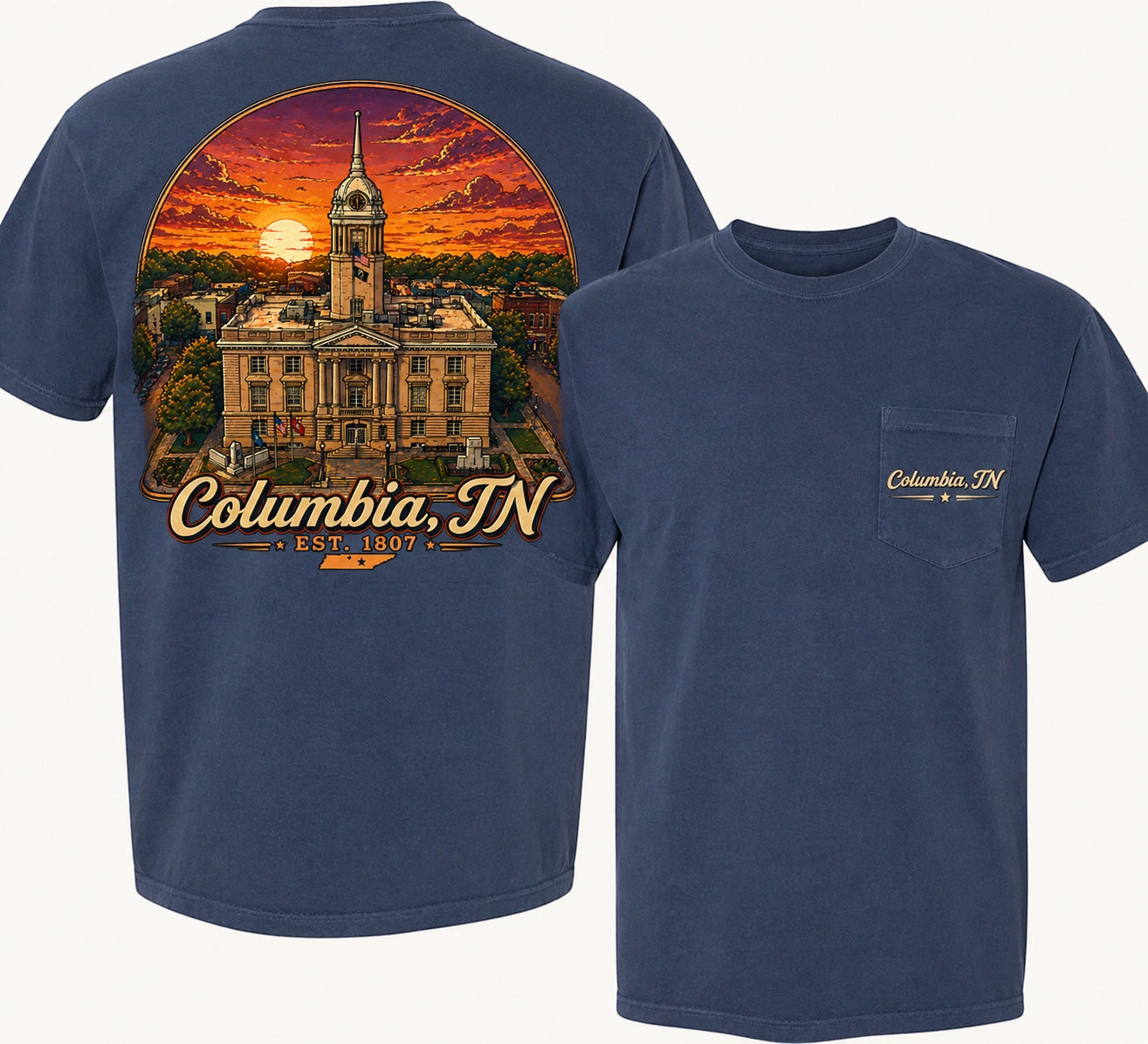 Press Society blue cotton t-shirt with a graphic of the Columbia, TN courthouse at sunset on the back and a pocket with