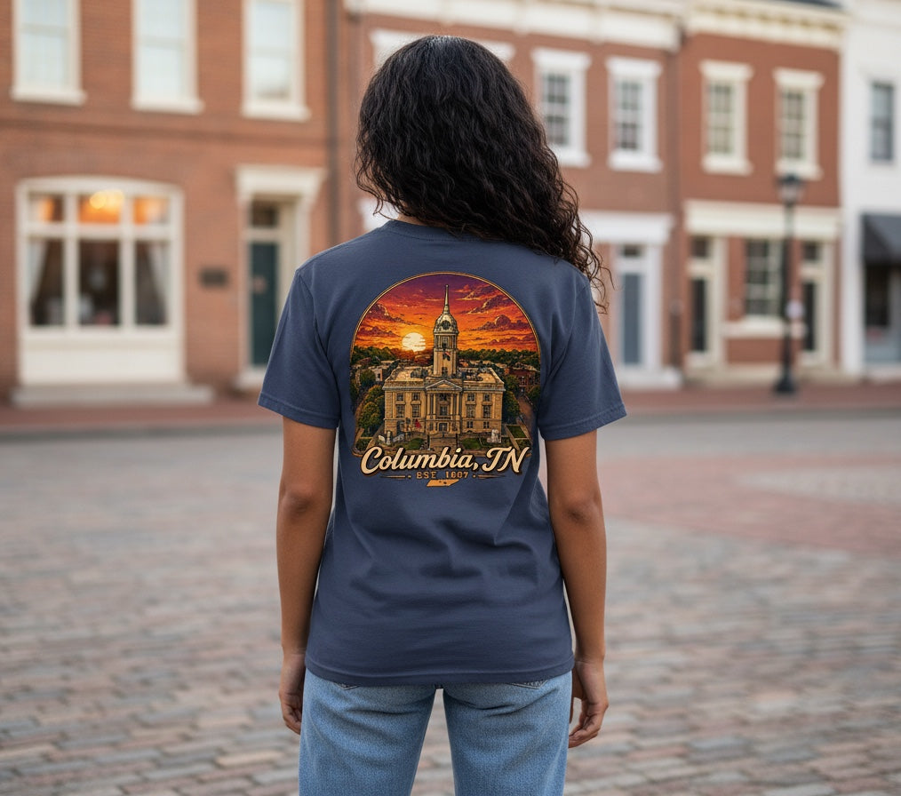 Press Society blue cotton graphic t-shirt with a sunset over Columbia, TN courthouse graphic on back and pocket logo.