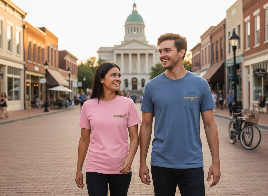 Press Society Columbia, TN graphic t-shirt on a woman in pink and a man in blue, walking on a cobblestone street.