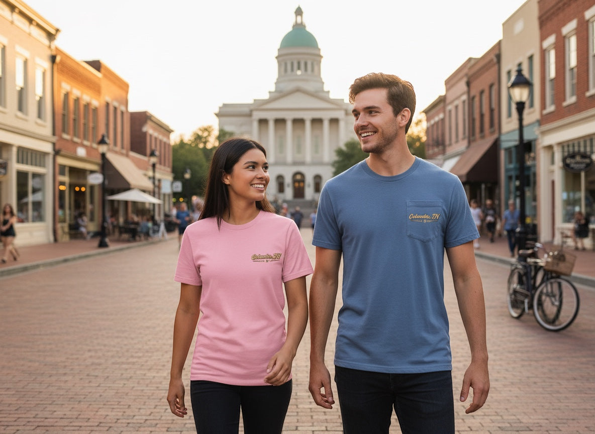 Press Society Columbia, TN graphic t-shirt on a woman in pink and a man in blue, walking on a cobblestone street.