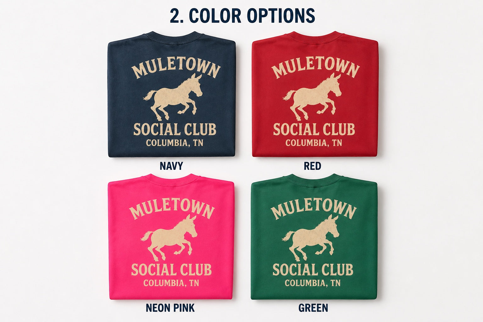 Press Society Mule Town Social Club graphic t-shirt in navy, red, neon pink, and green cotton.