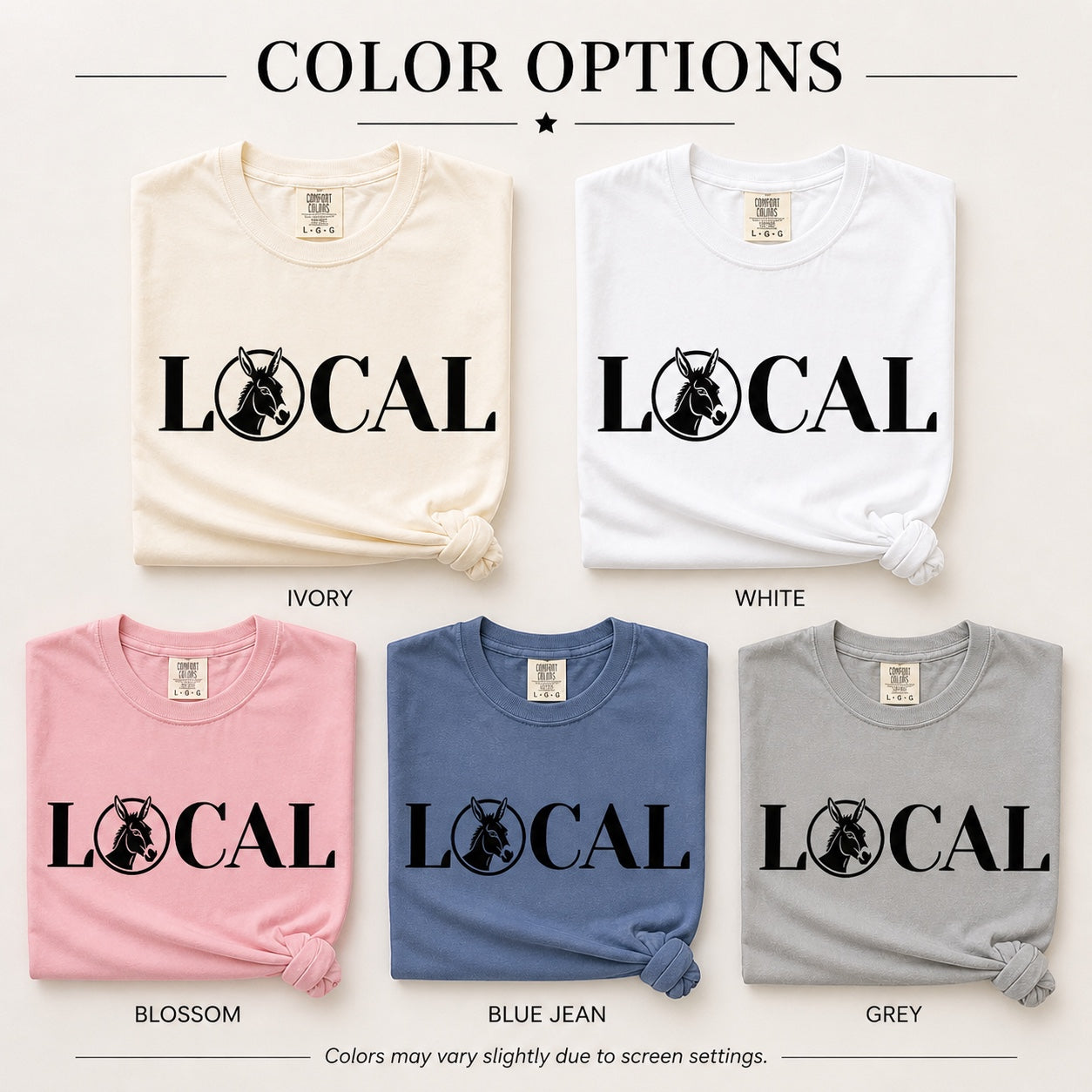 Press Society graphic t-shirt with "LOCAL" text and donkey logo, available in ivory, white, blossom, blue jean, and grey.