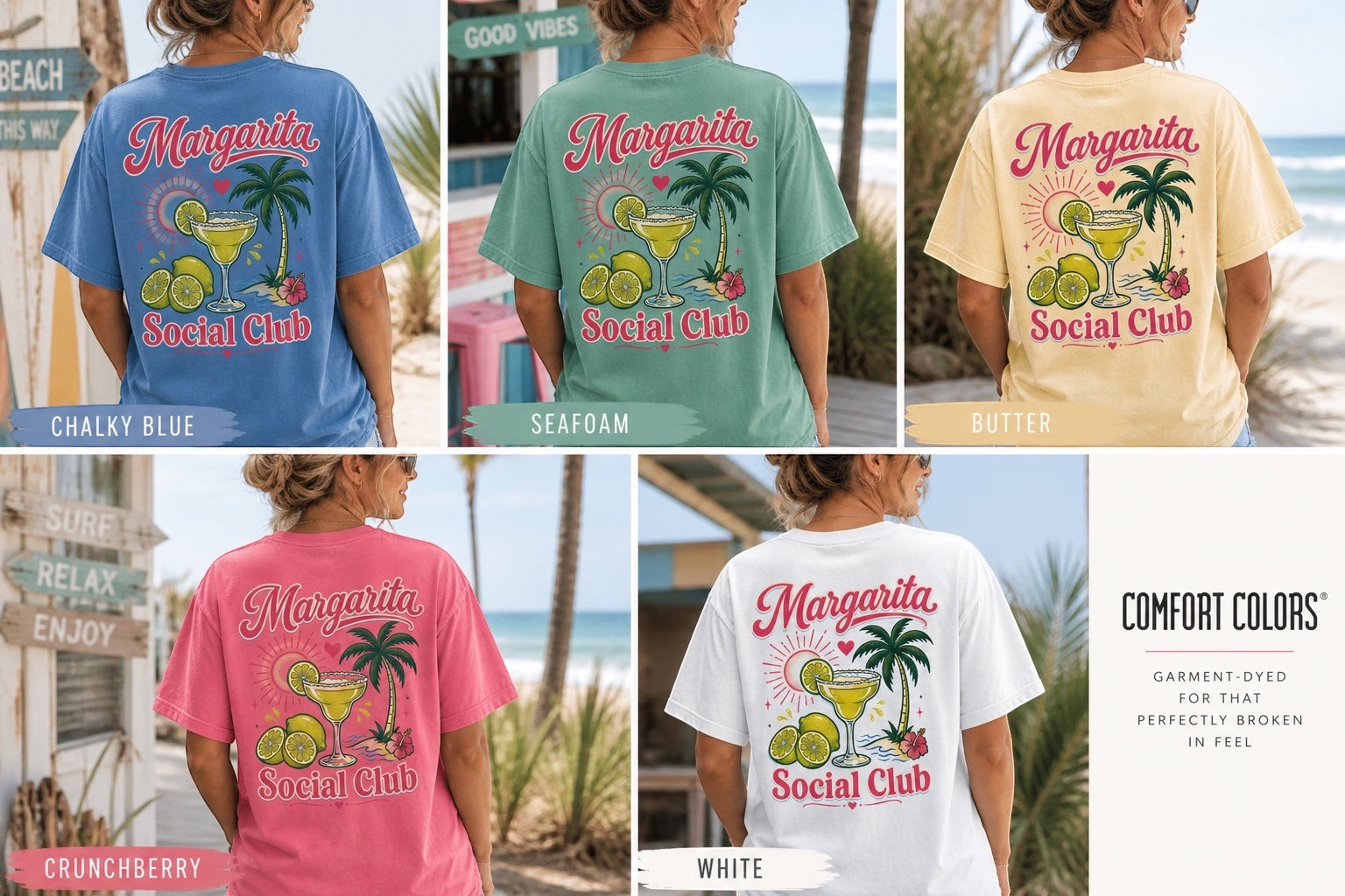 Press Society Margarita Social Club graphic tee in chalky blue, seafoam, butter, crunchberry, and white. Features a vintage margarita graphic with palm trees and limes.
