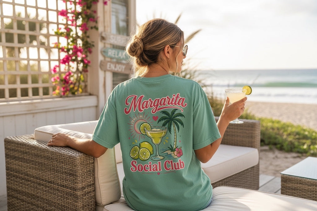 Press Society seafoam green t-shirt with a vintage margarita graphic and text "Margarita Social Club".