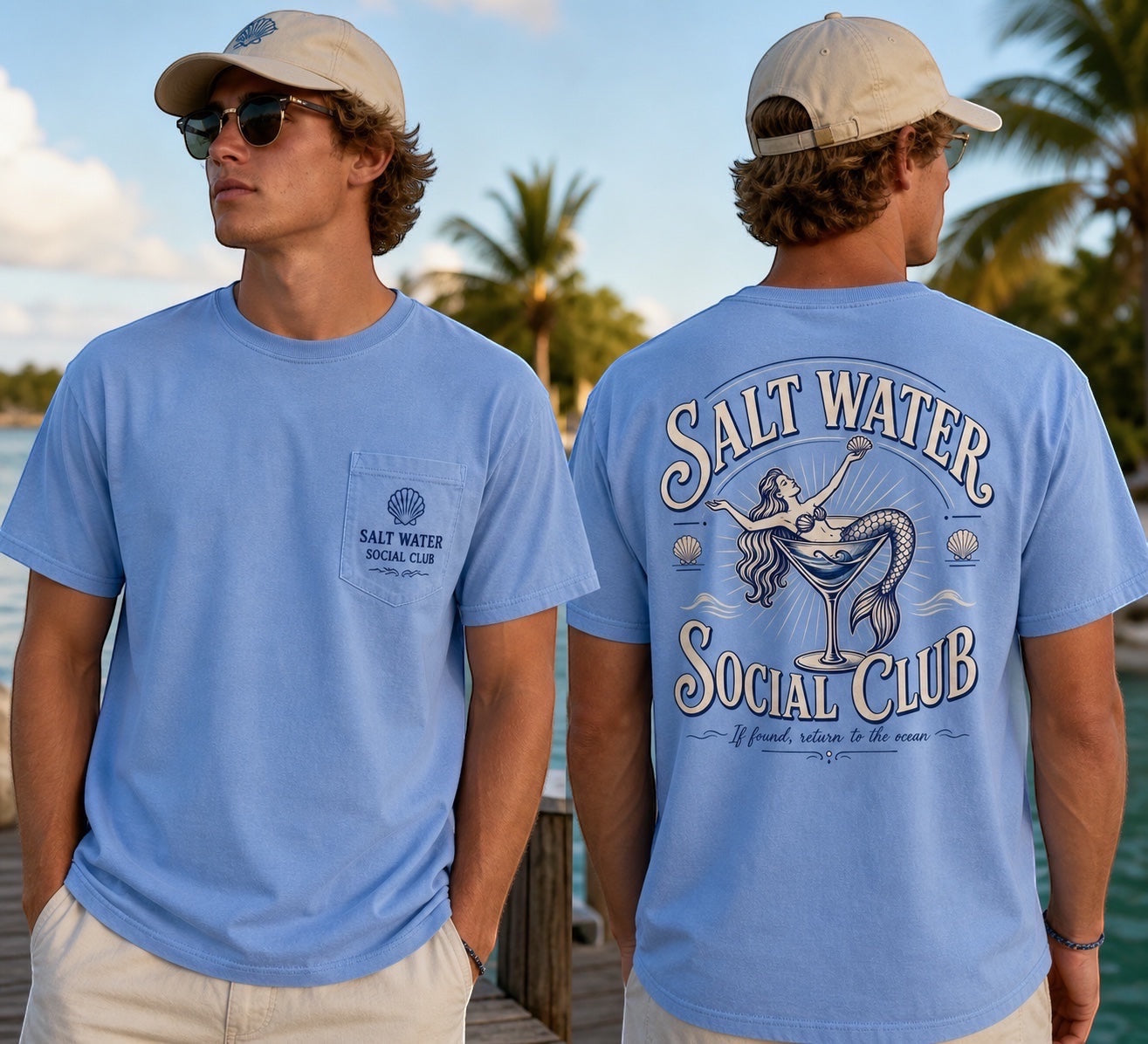 Press Society light blue cotton t-shirt with a mermaid graphic in a martini glass on the back and a seashell logo on the chest pocket.