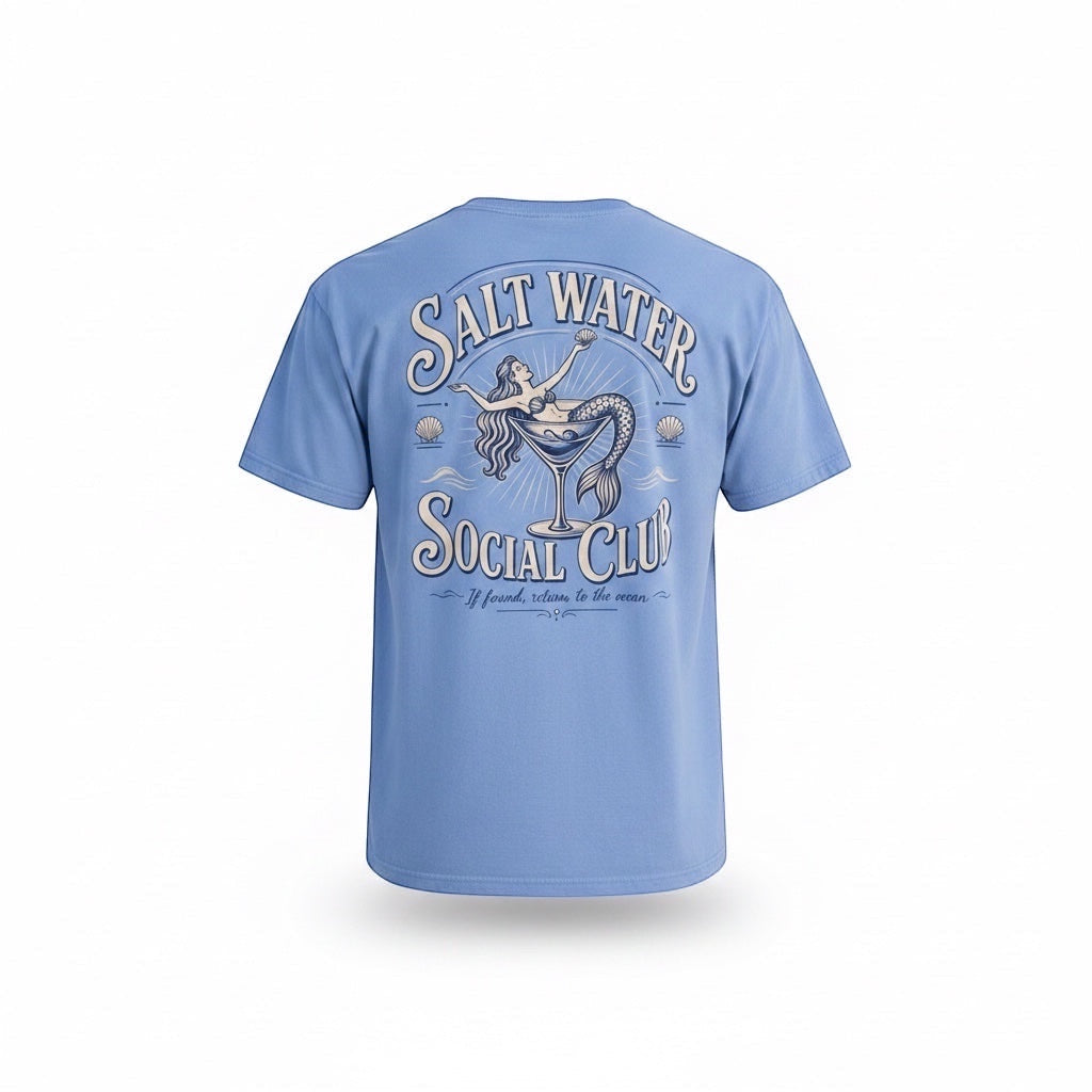 Press Society light blue cotton t-shirt with a mermaid in a martini glass graphic and