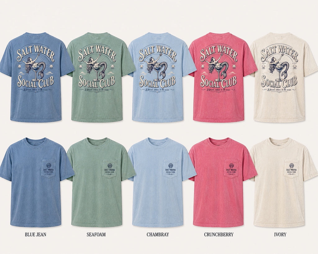Press Society light blue cotton t-shirt with mermaid graphic and Salt Water Social Club logo on back and chest pocket.