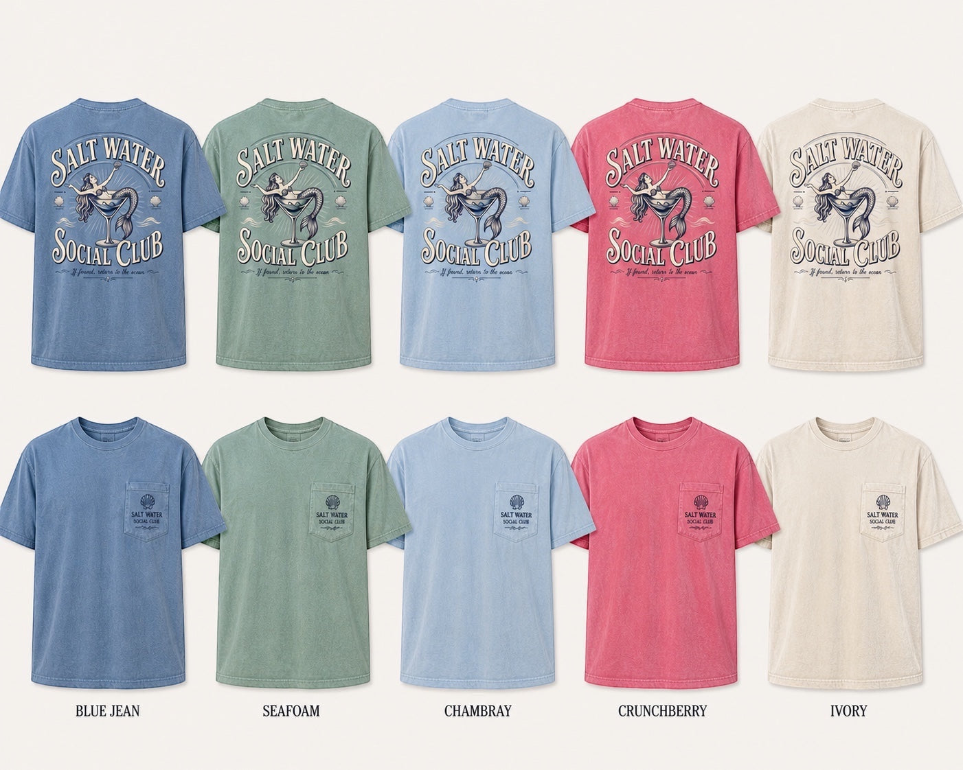 Press Society light blue cotton t-shirt with mermaid graphic and Salt Water Social Club logo on back and chest pocket.