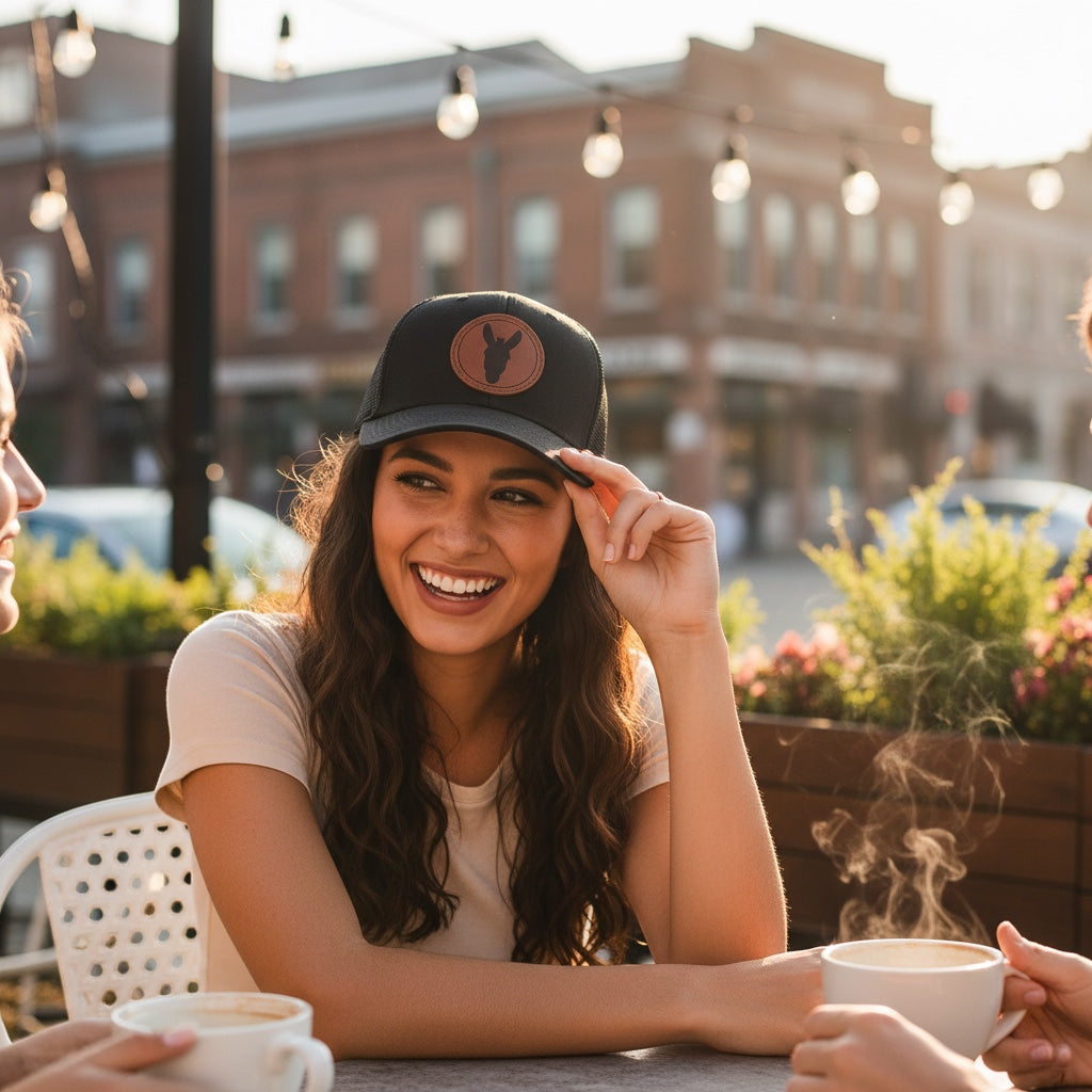 Press Society black trucker hat with brown mule logo patch, worn by a smiling woman outdoors.