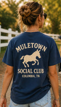 Press Society Mule Town Social Club graphic t-shirt in navy blue cotton with a donkey graphic and text.