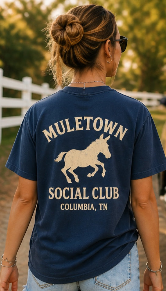 Press Society Mule Town Social Club graphic t-shirt in navy blue cotton with a donkey graphic and text.