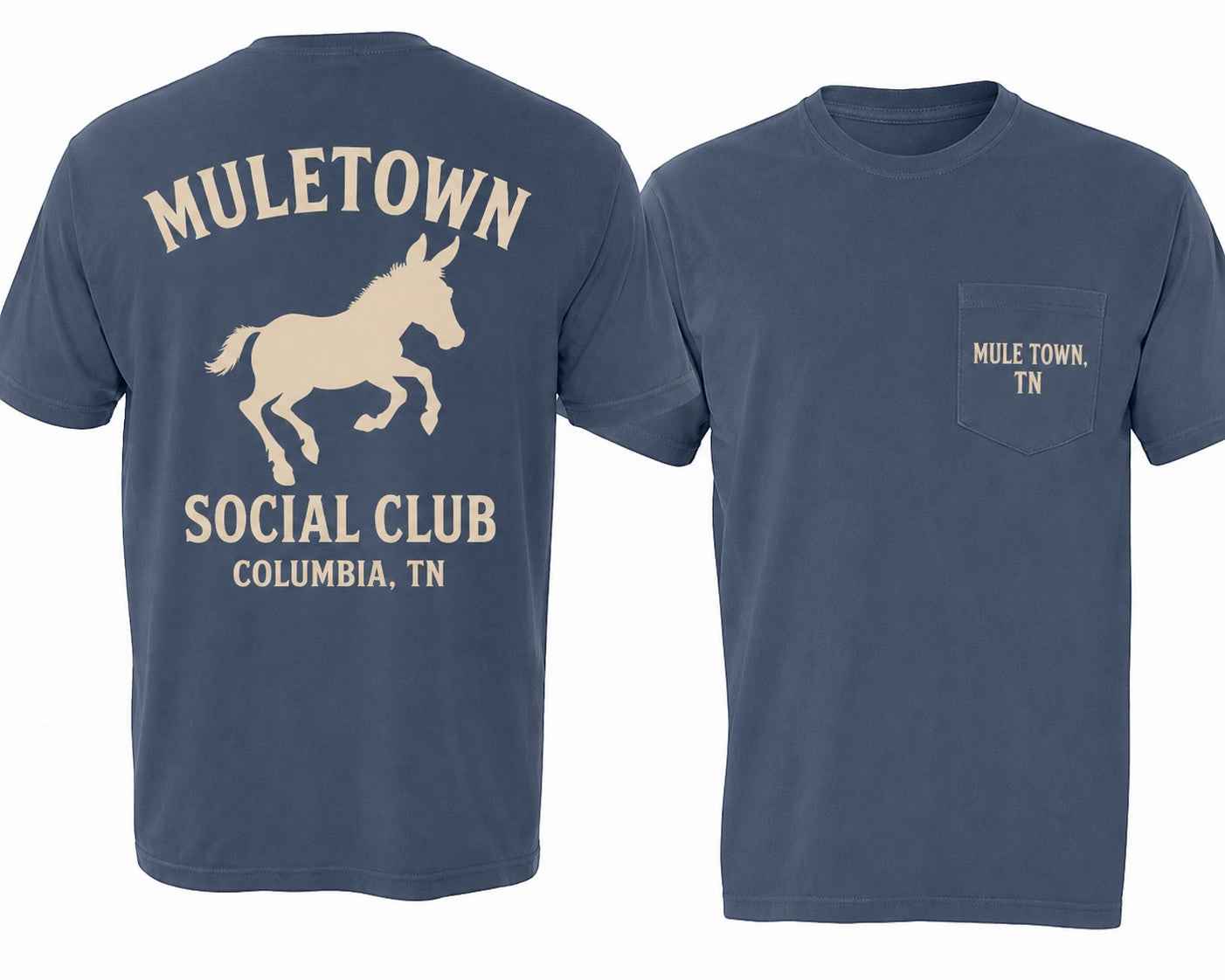 Press Society blue cotton t-shirt with a graphic of a mule and "Muletown Social Club Columbia, TN" text on back. Pocket on front with "Mule Town, TN".