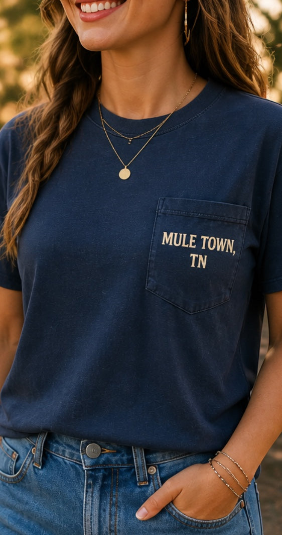 Press Society dark navy blue cotton t-shirt with "Mule Town, TN" graphic on chest pocket.