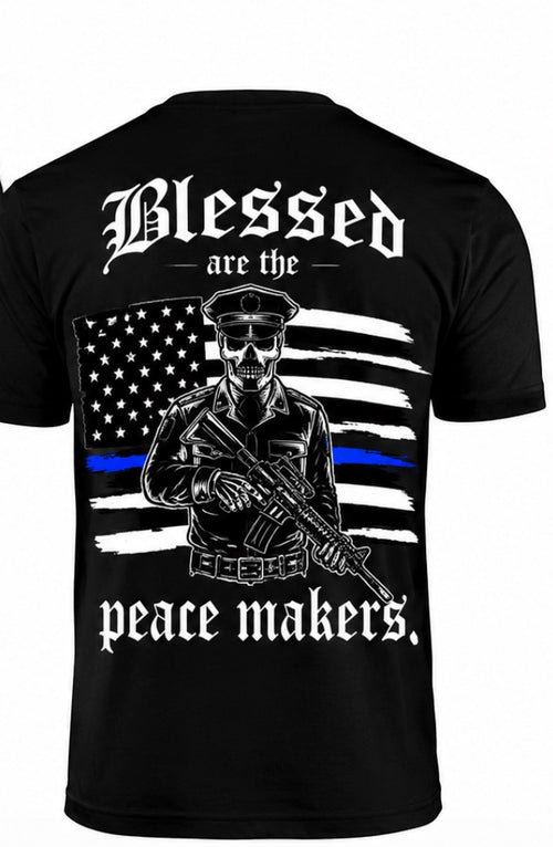 Press Society black graphic tee with a skeleton police officer holding a rifle in front of the American flag and blue line.