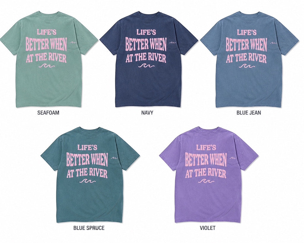 Press Society Life's Better at the River graphic tee in seafoam, navy, blue jean, blue spruce, and violet.