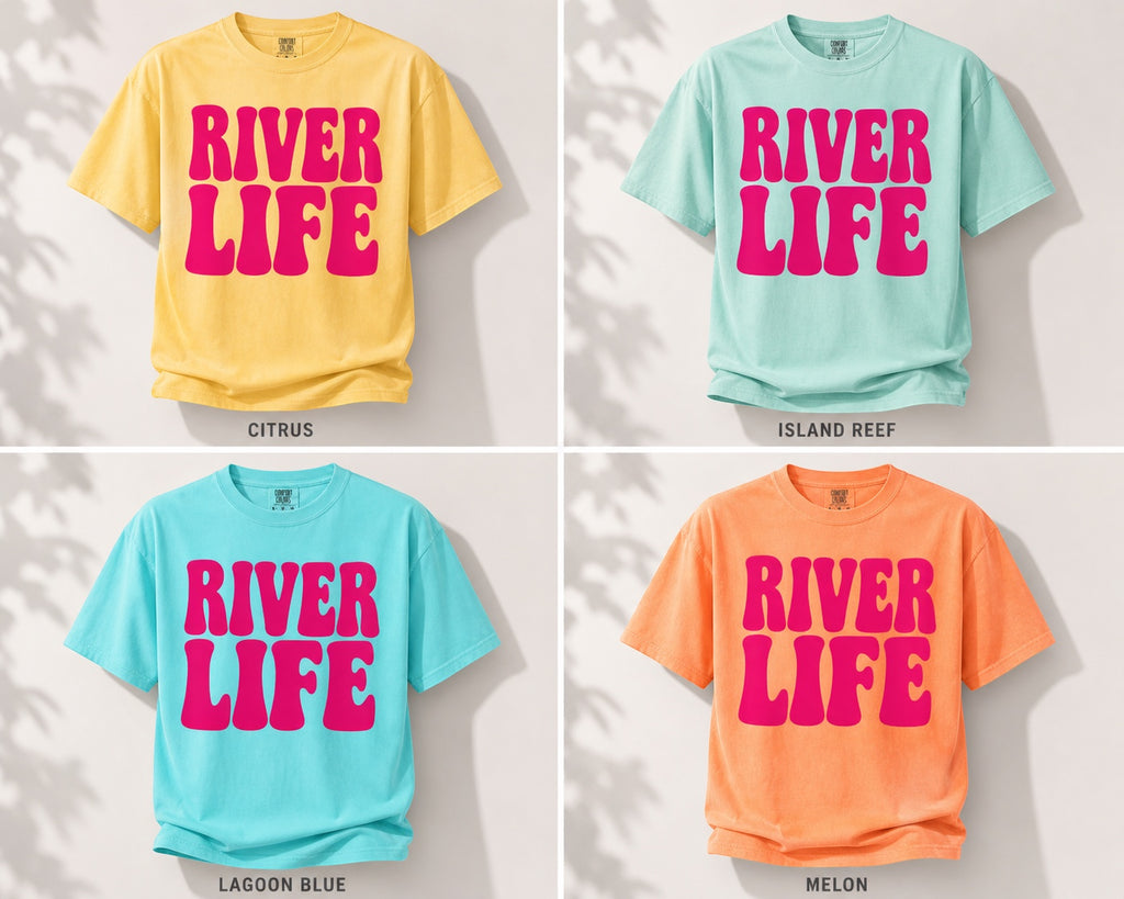 Press Society River Life retro tee in yellow, mint green, bright blue, and orange with bold pink lettering.