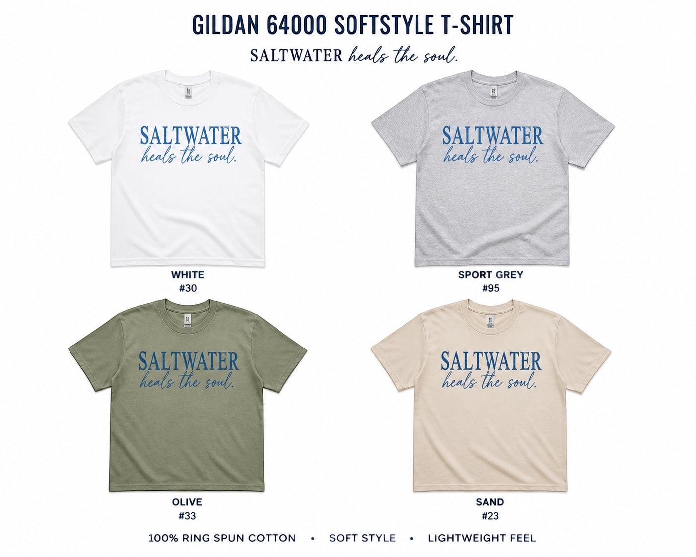 Press Society "Saltwater Heals the Soul" graphic tee in white, sport grey, olive, and sand. Softstyle cotton with vintage blue print.