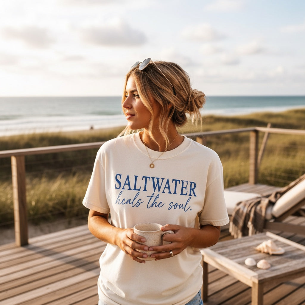 Press Society cream graphic t-shirt with blue distressed lettering that reads "Saltwater Heals The Soul". Model holds a mug.
