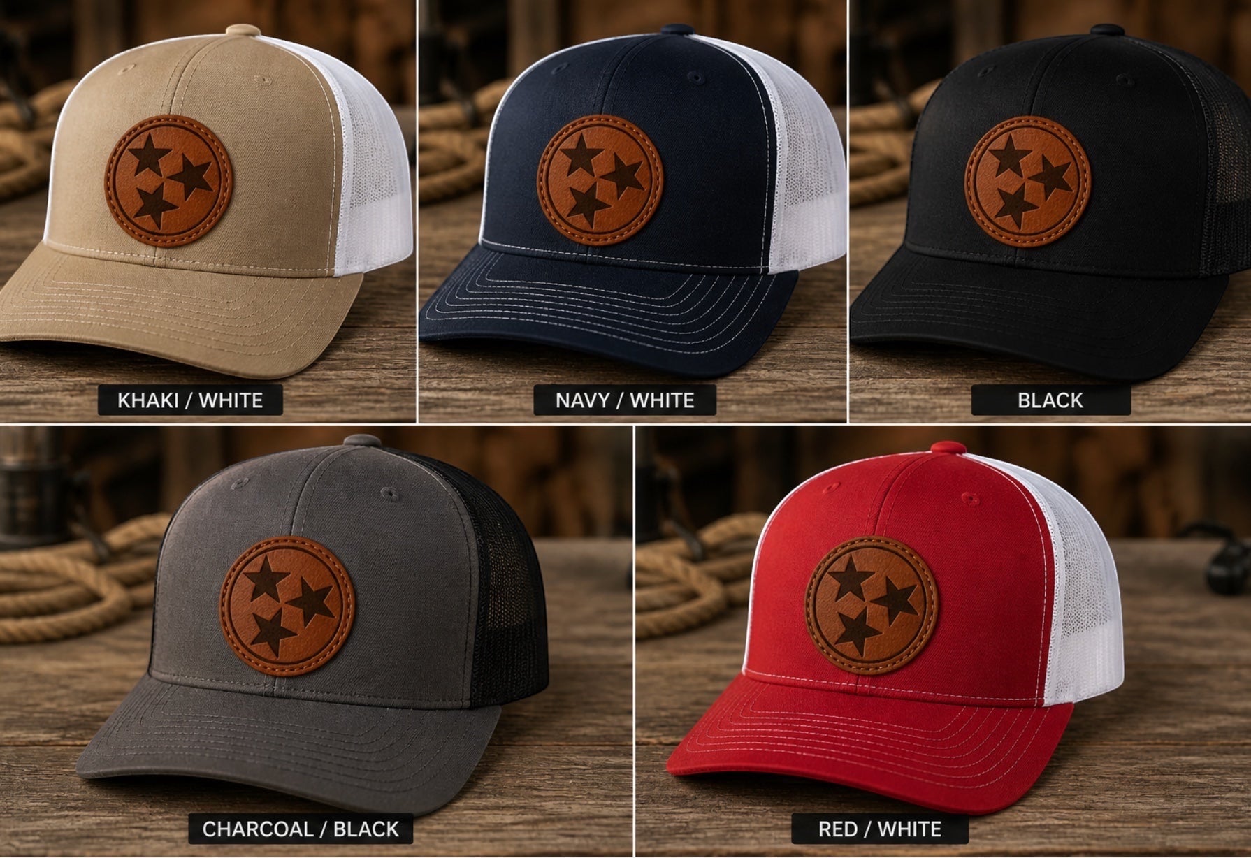 Press Society Tristar trucker hat with a leather patch featuring three stars. Available in khaki, navy, black, charcoal, and red.
