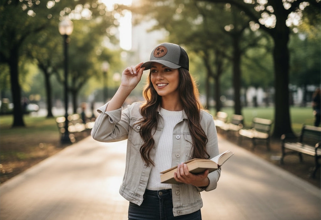 Press Society Tristar trucker hat in grey with black mesh back, worn by a smiling woman holding a coffee cup in a park.