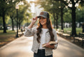 Press Society Tristar trucker hat in grey with black mesh back, worn by a smiling woman holding a coffee cup in a park.